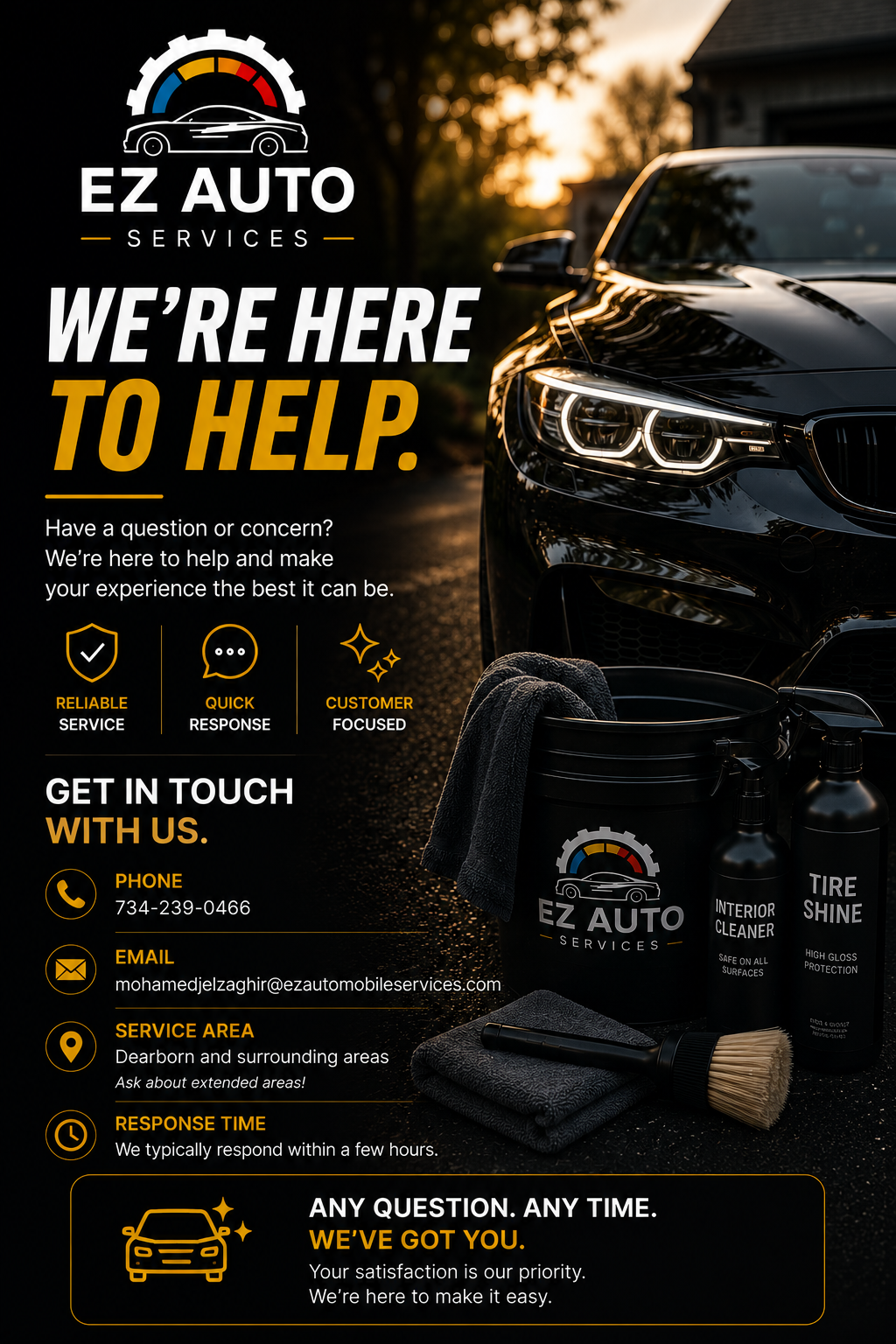 Flyer for EZ Auto Services featuring a black car, car cleaning supplies, and a sunset background; includes service details, contact information, and company slogan.