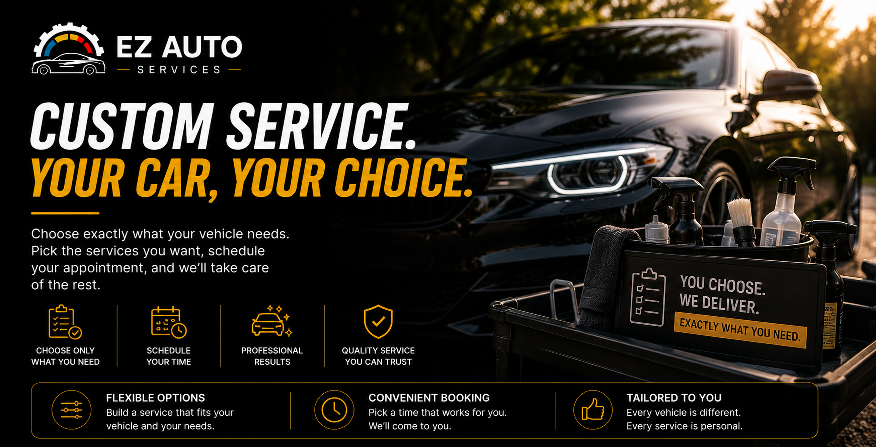 Advertisement for EZ Auto Services promoting custom auto repair services with the tagline 'Your Car, Your Choice'. The image features a black car, various auto service supplies, and icons illustrating flexible options, scheduling, professional results, and trusted quality, all set against a backdrop of trees and sunlight.