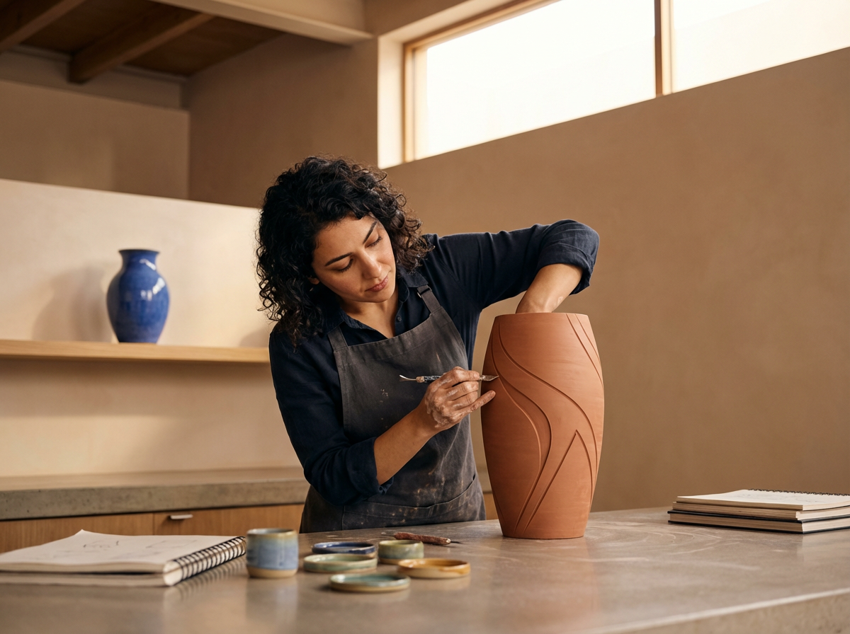 A woman with curly hair wearing a black shirt and apron is painting intricate, swirling patterns on a tall, orange-brown ceramic vase in a well-lit studio with natural light from a window.