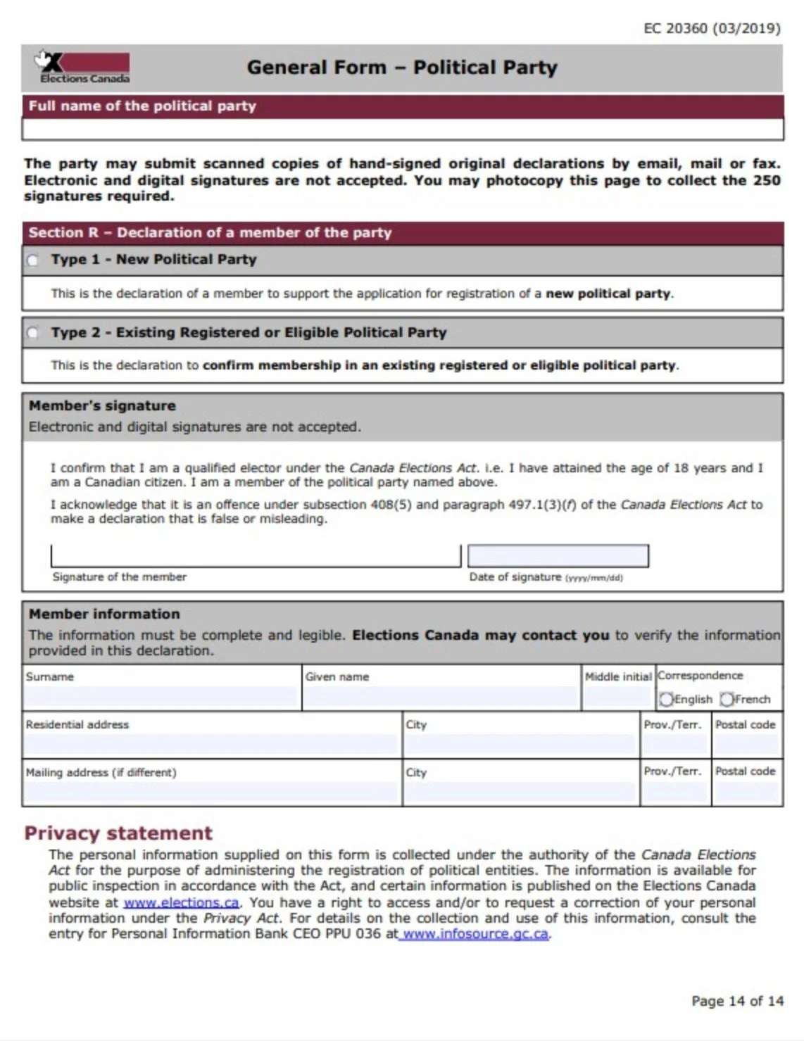 A scanned cover page of a Canadian political party registration form, titled 'General Form — Political Party,' with sections for party name, declaration of a member, signatures, and personal information, including instructions and privacy statement.