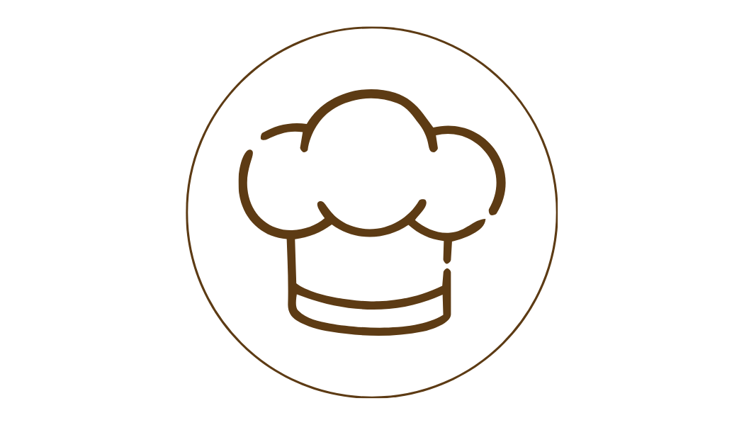 Line drawing of a chef's hat inside a circle.