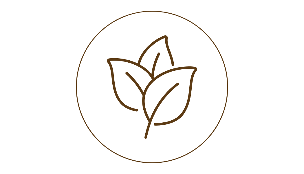 Minimalist logo with a line drawing of three leaves inside a circle, in brown on a black background.