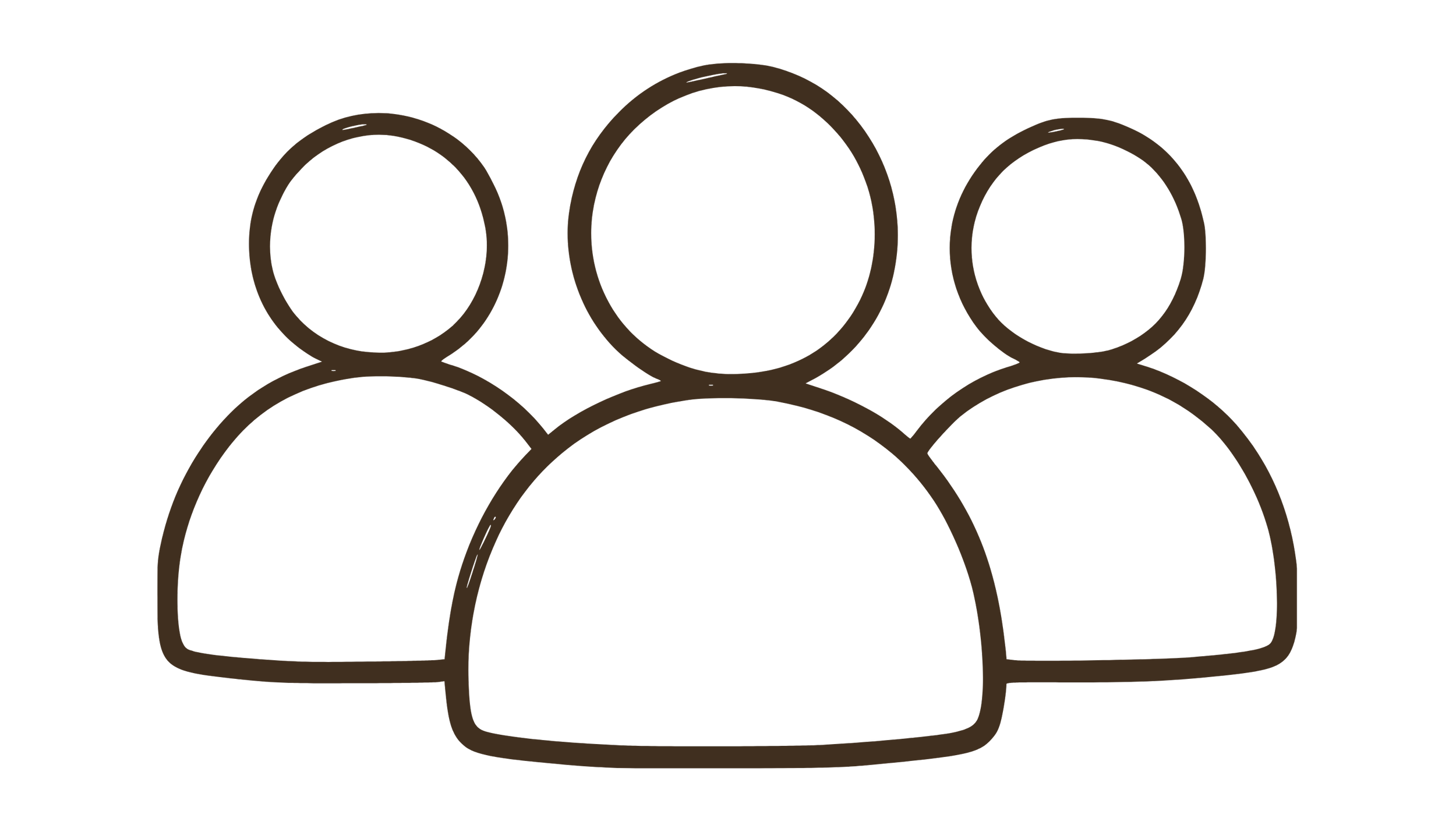 Outline icon of three people standing side by side, representing a group or community.