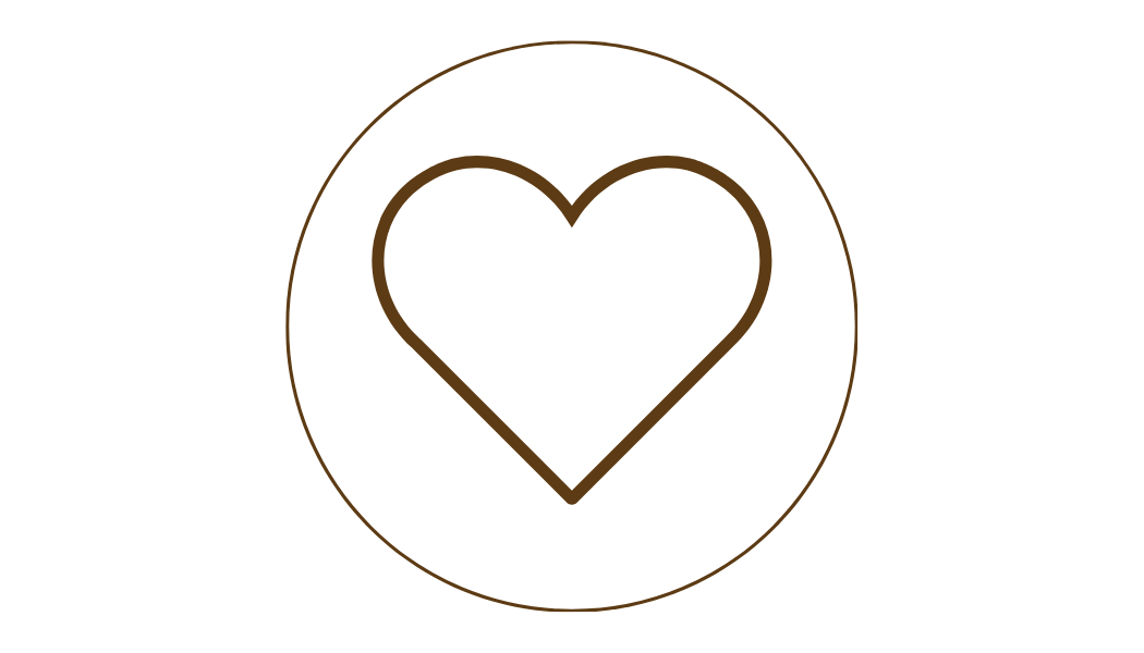 Outline of a brown heart inside a brown circle on a black background.