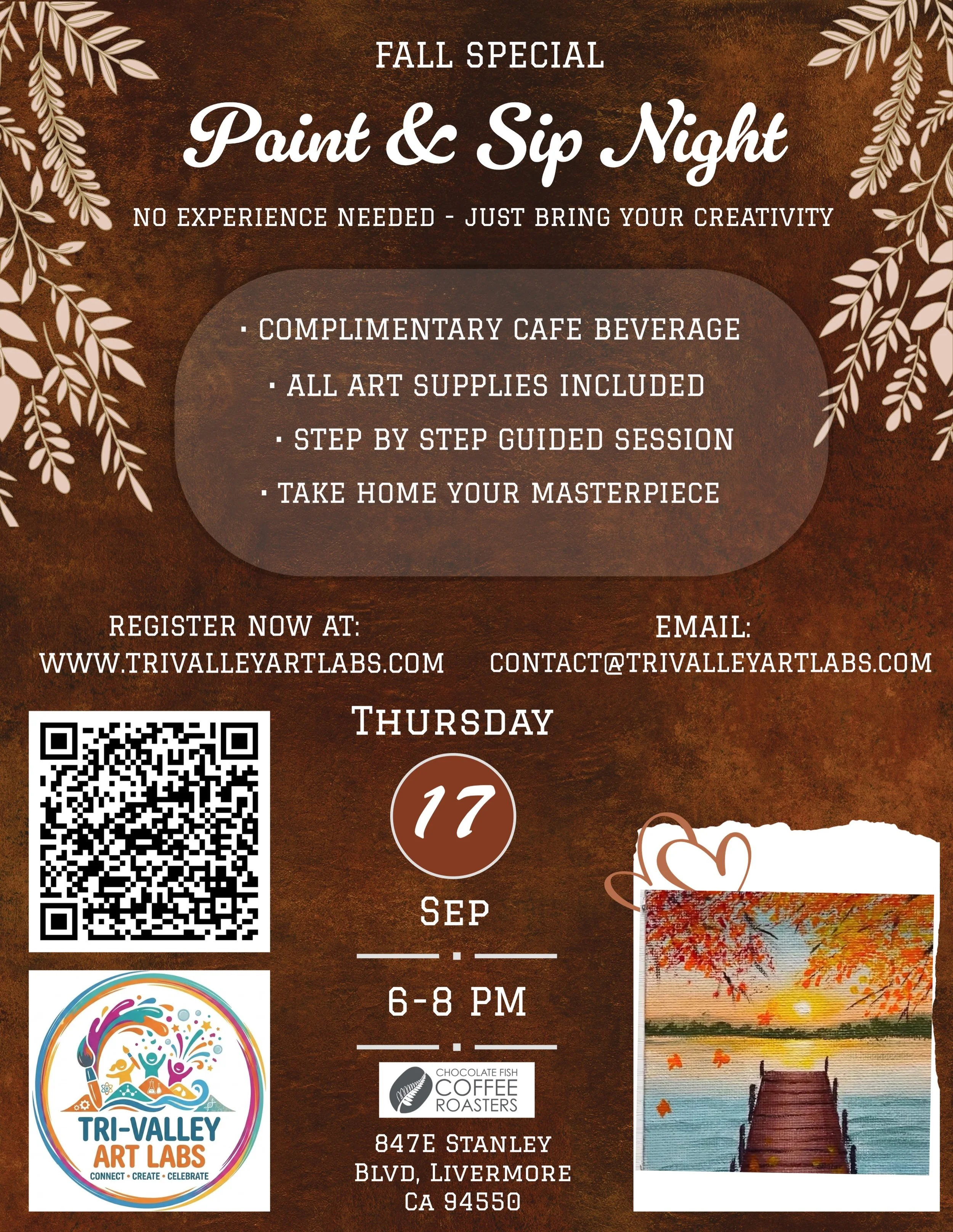 🍁🎨 Fall Special Paint &amp; Sip Evening 🥂✨

Let&rsquo;s welcome Fall with warm colors, good vibes, a little sip, and a whole lot of creativity! 🎨🍂🥂

🍁🎨 Book your tickets now at www.trivalleyartlabs.com

Limited seats available &mdash; come pa