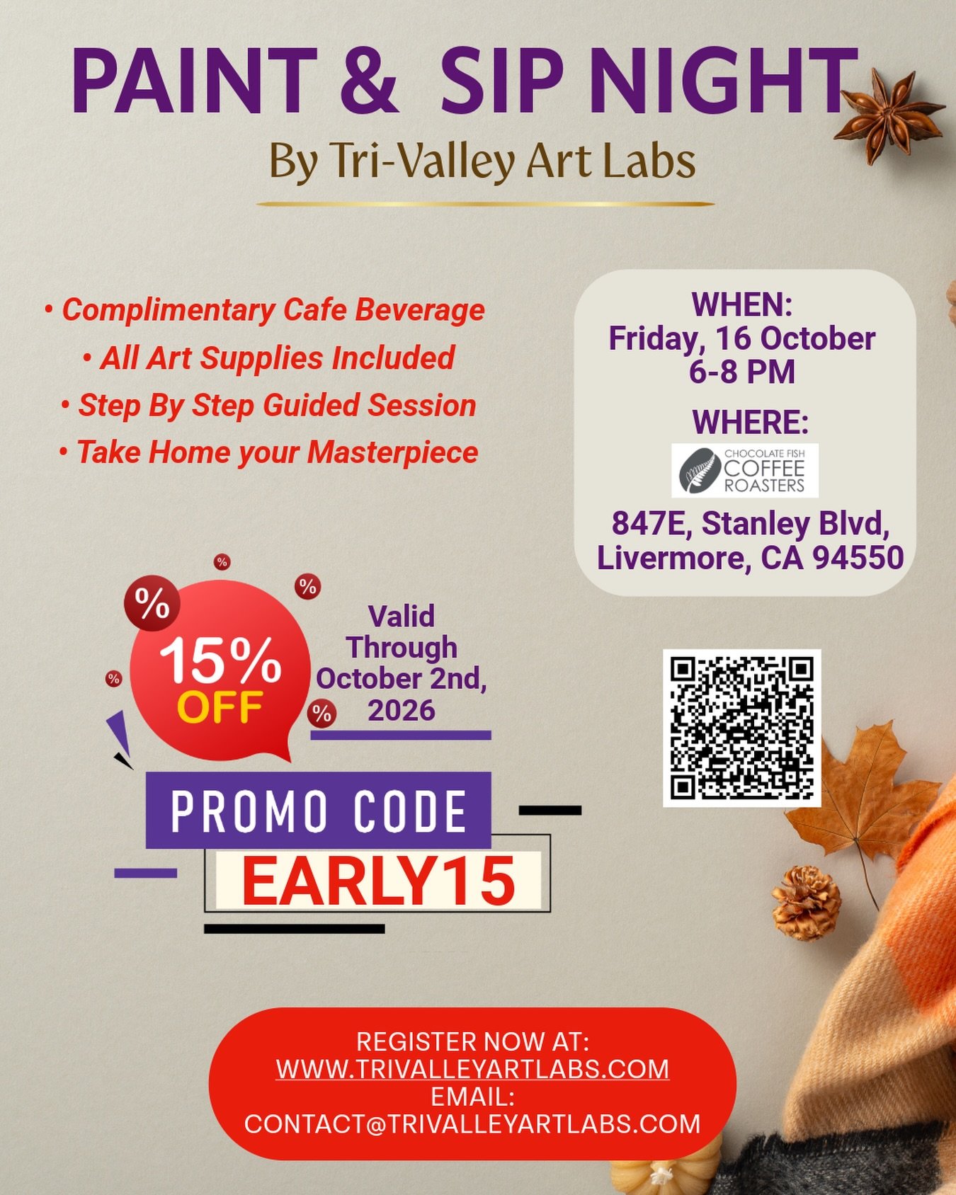 Let&rsquo;s paint the beautiful harvest season in October 🎨🍁

Think cozy colors, harvest vibes, creativity, laughter, and a little time to slow down and create together. 
Book your tickets now at www.trivalleyartlabs.com

Limited seats available &m