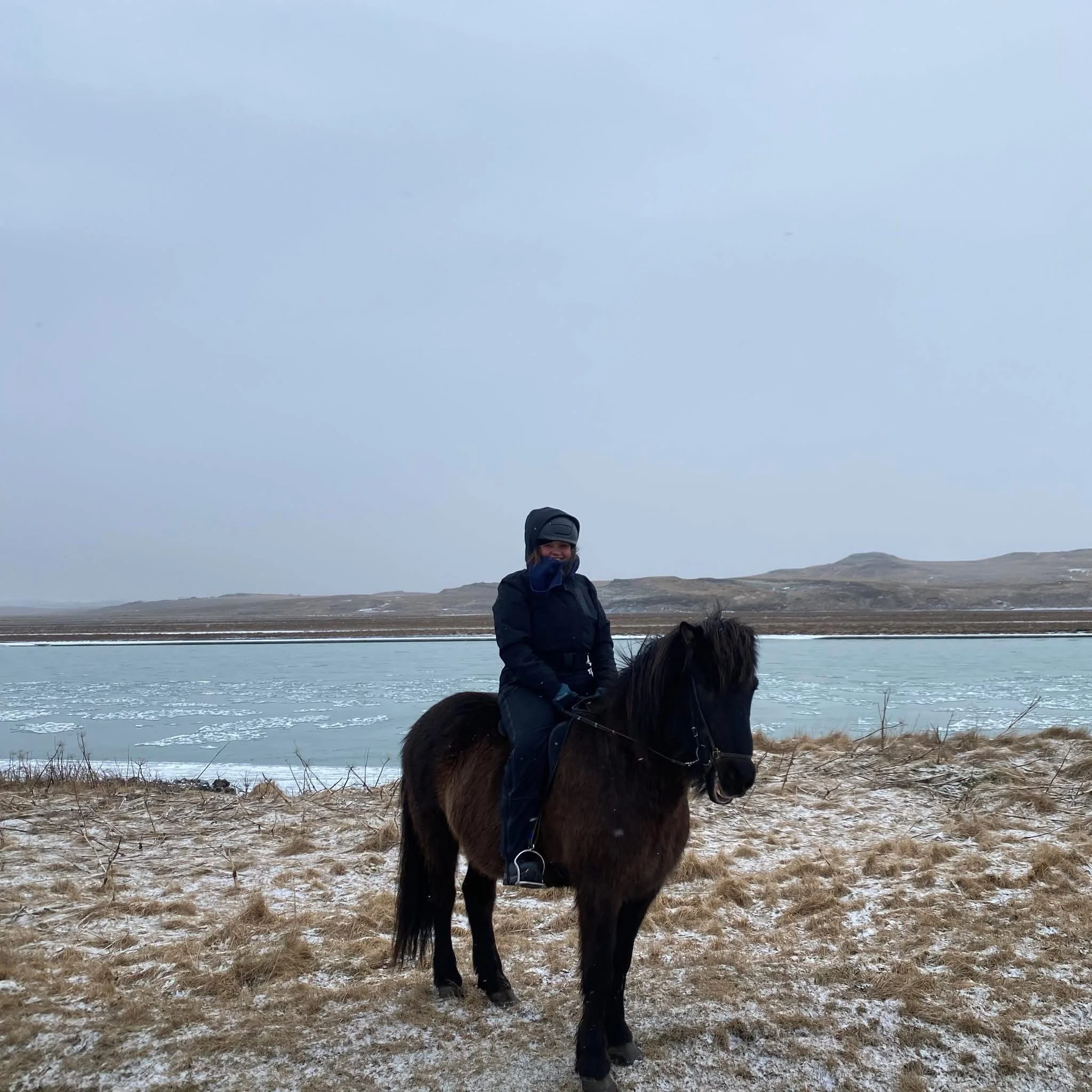 A person riding a black horse in an open field with a river and mountains in the background, overcast sky.