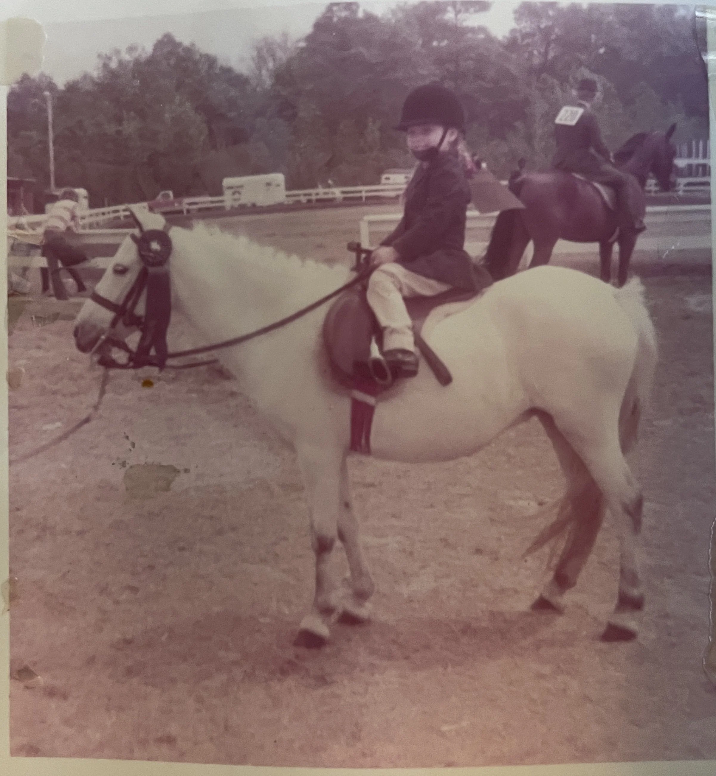 A person riding a white horse on a dirt path with other horses and riders in the background, in an outdoor setting with trees and a cloudy sky.