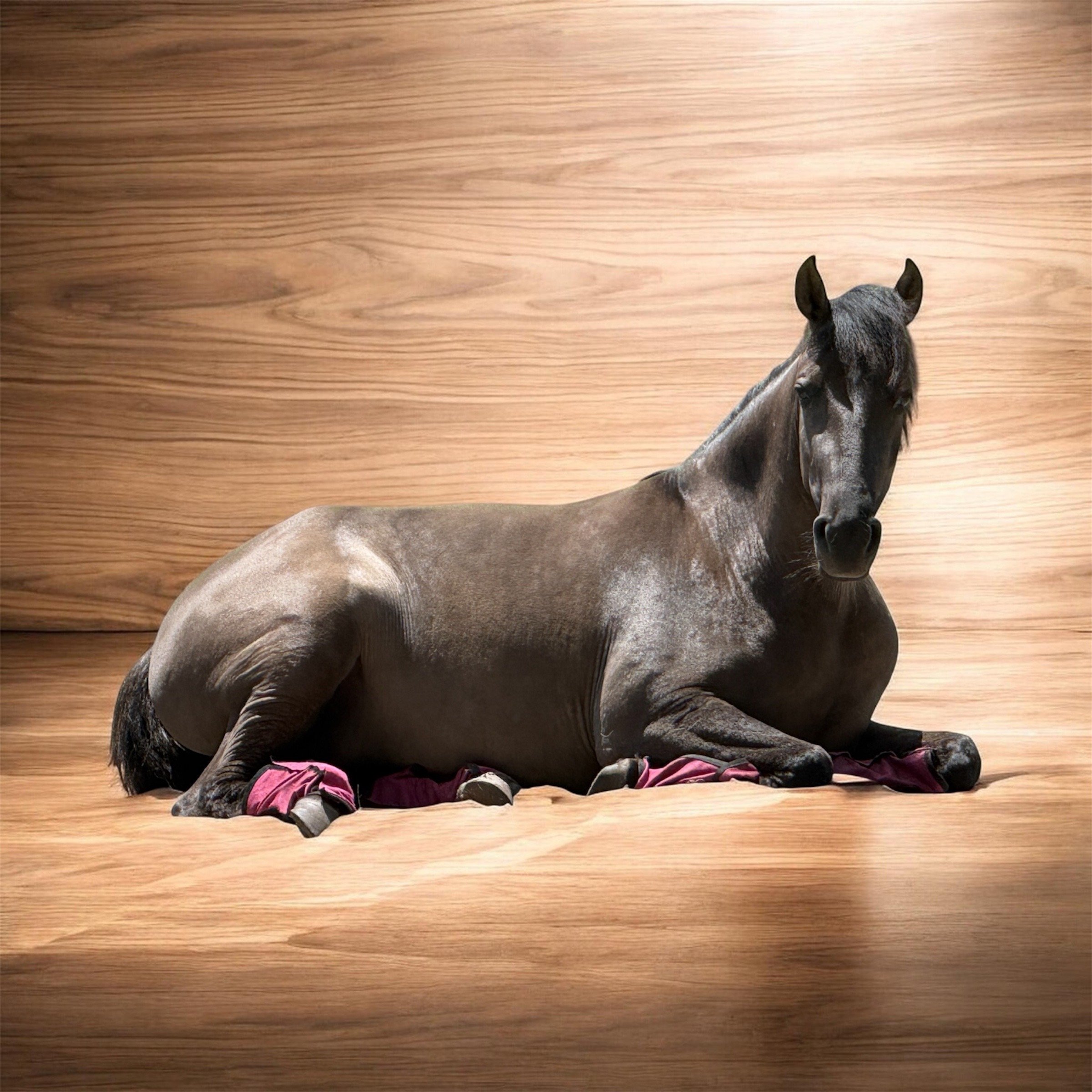 Close-up of a black horse sculpture wearing pink shoes, positioned on a wooden floor.