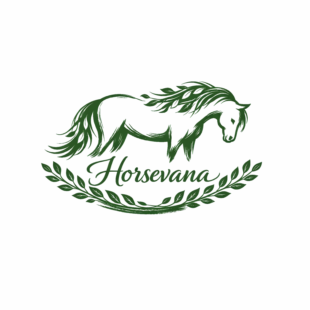 A green illustration of a horse with a flowing mane, surrounded by leaves, with the word 'Horsevana' written below.