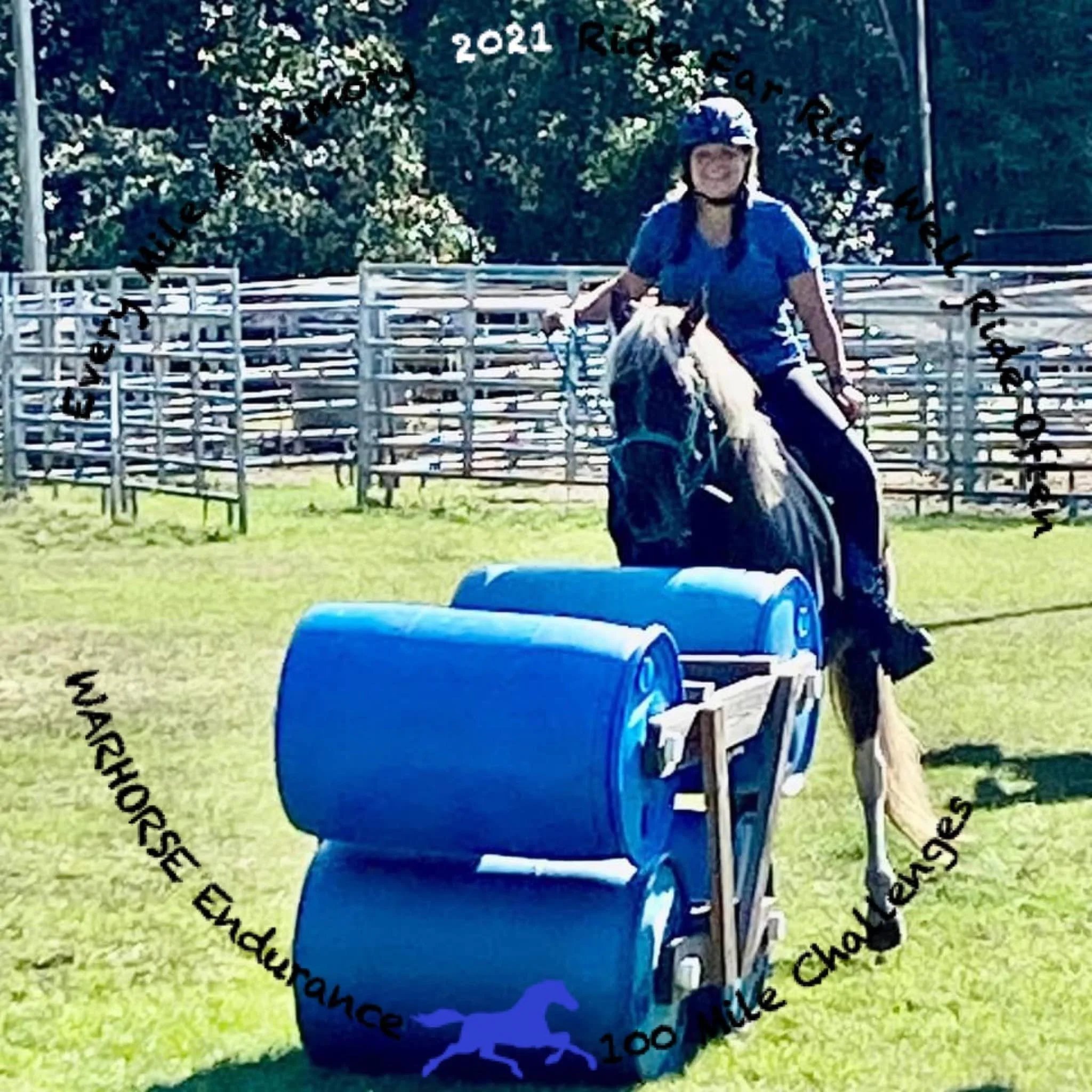 A person riding a horse outside in a grassy area with trees in the background. There are multiple blue trash cans and a white fence nearby. The person is wearing a helmet, a blue shirt, jeans, and gloves.
