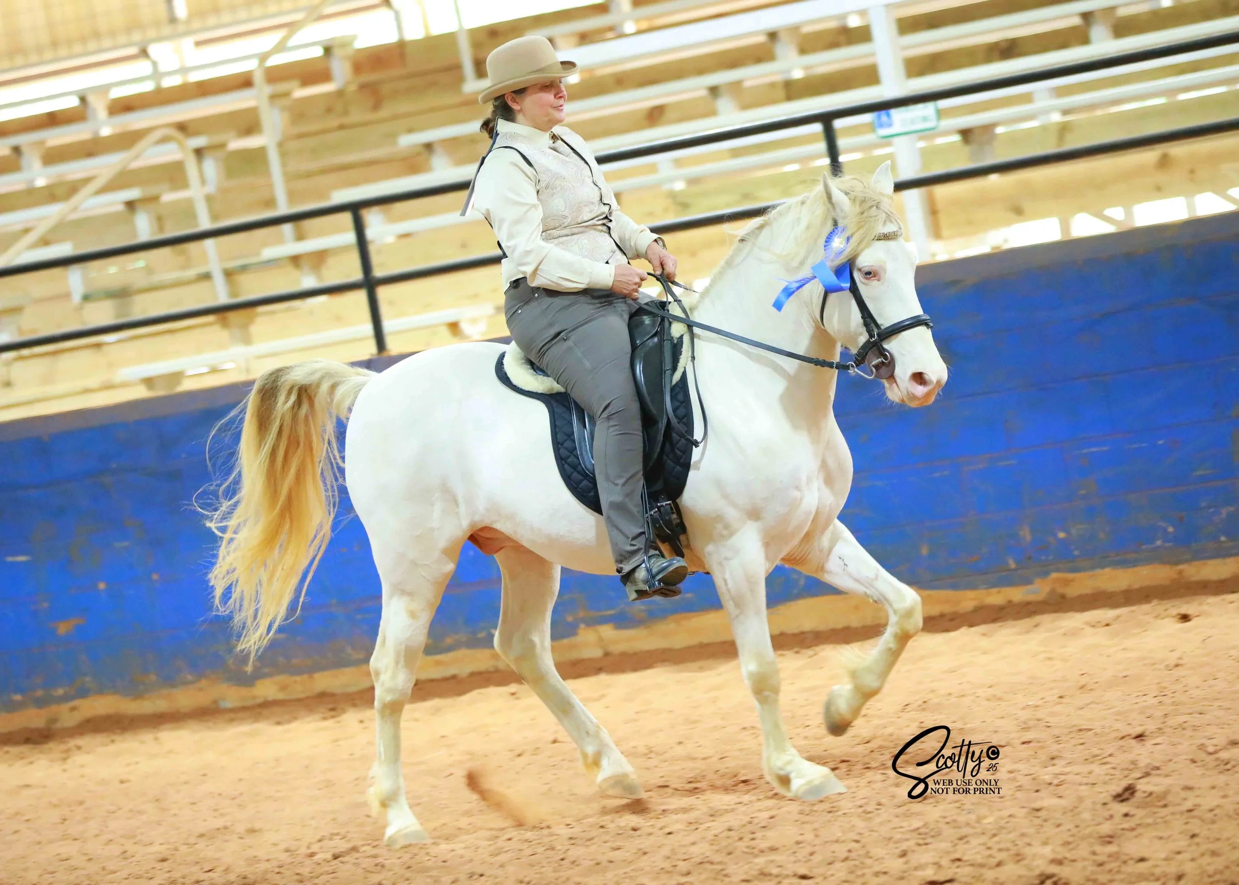 A woman riding a white horse in an indoor equestrian arena with wooden bleachers in the background.