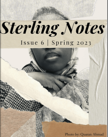 Cover of Sterling Notes magazine, Issue 6 Spring 2023, featuring a black and white photo of a young girl with a thoughtful expression, torn paper elements layered on top.