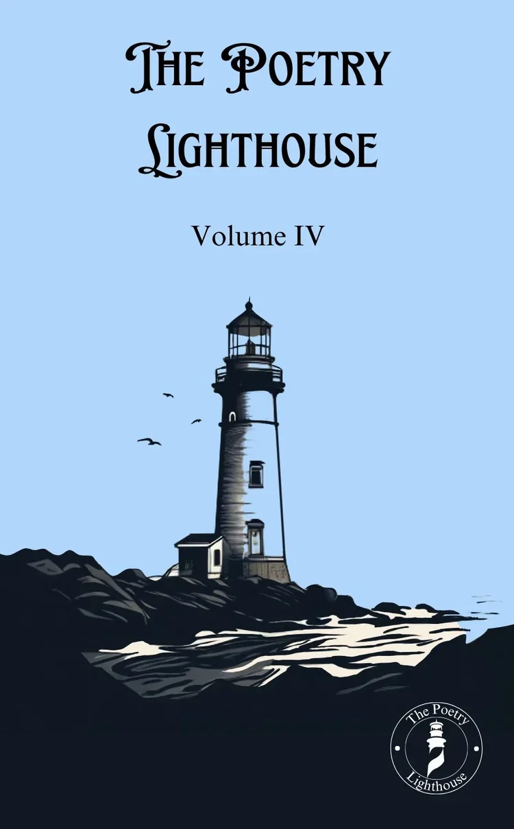 Cover of a book titled "The Poetry Lighthouse, Volume IV" featuring an illustration of a lighthouse on rocky coast with seagulls flying nearby against a light blue sky.