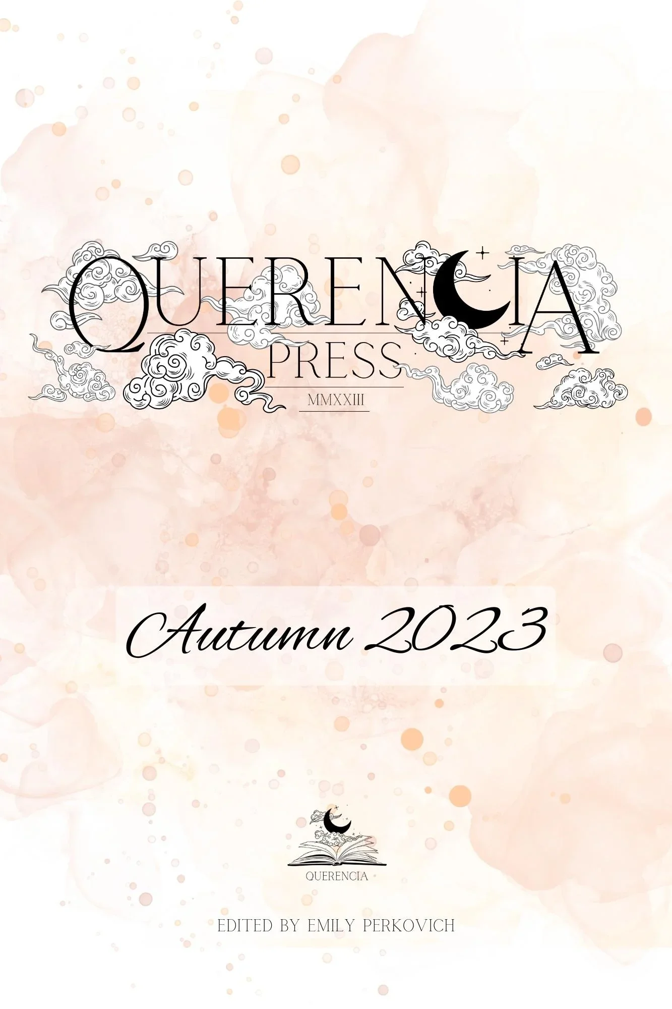 Cover page of a publication titled "Querença Press" with a subtitle "Autumn 2023" and the year MMXXIII. The background has a light, watercolor style with pink and peach blotches. There are clouds, a crescent moon, stars, and an open book illustration with a moon and clouds on top.