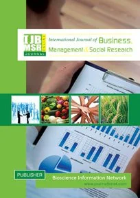 Cover of the International Journal of Business, Management, and Social Research with images of a hand holding a pen and tablet, and various charts and fruits.