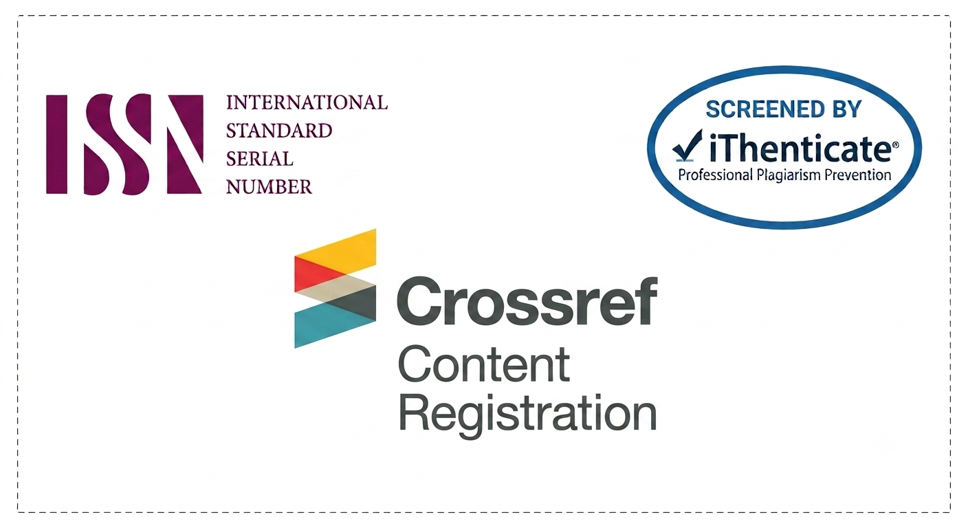 Crossref Content Registration official certificate with logos, including ISSN, iThenticate, and Crossref, indicating plagiarism prevention and standard registration.
