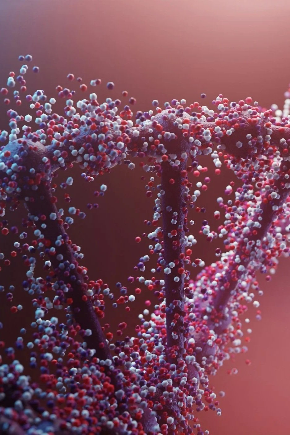 A close-up image of a DNA helix with colorful molecular structures representing genetic material.