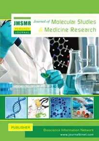 Cover of the Journal of Molecular Studies and Medicine Research featuring a scientist in a lab wearing a white coat and gloves, working with laboratory glassware including test tubes and a beaker. The cover includes colorful images of DNA, laboratory equipment, and scientific icons, with a green header and yellow publisher badge at the bottom.