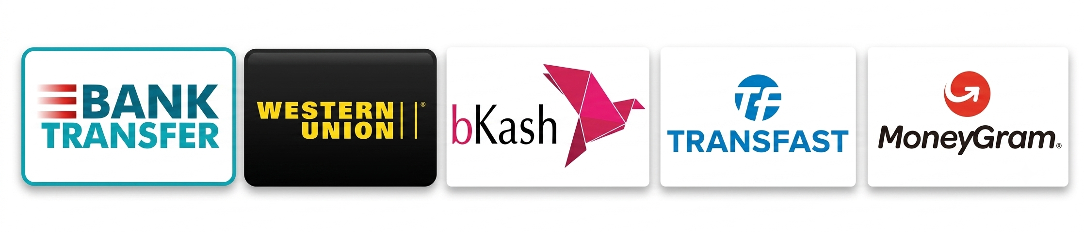 Logos of various digital money transfer services, including Bank Transfer, Western Union, bKash, Transfast, and MoneyGram.