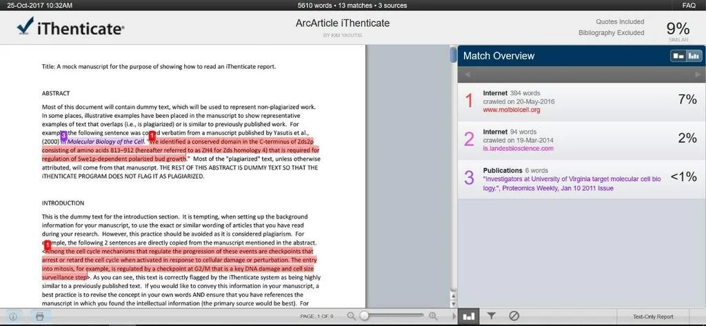 Screenshot of a report with highlighted and annotated scientific text, including references to a 2000 study on molecular biology and a 2001 research article. The report appears to be from the iThenticate tool for plagiarism detection, with a focus on manuscript authenticity and scientific content analysis.