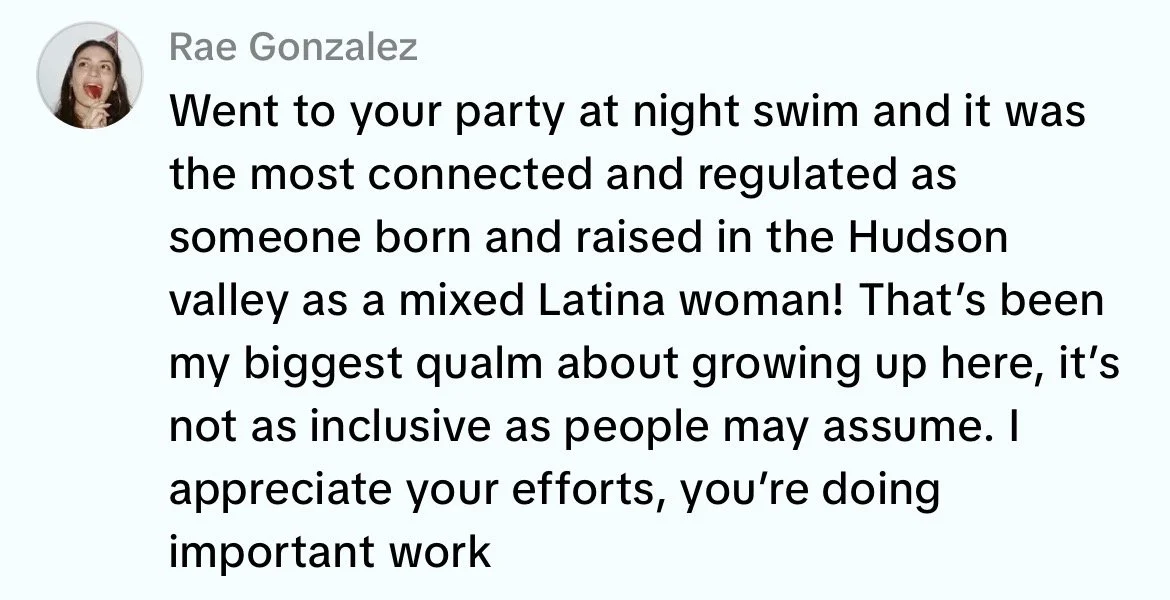 Text message from Rae Gonzalez about attending a night swim party and feeling connected and proud of her mixed Latina identity.
