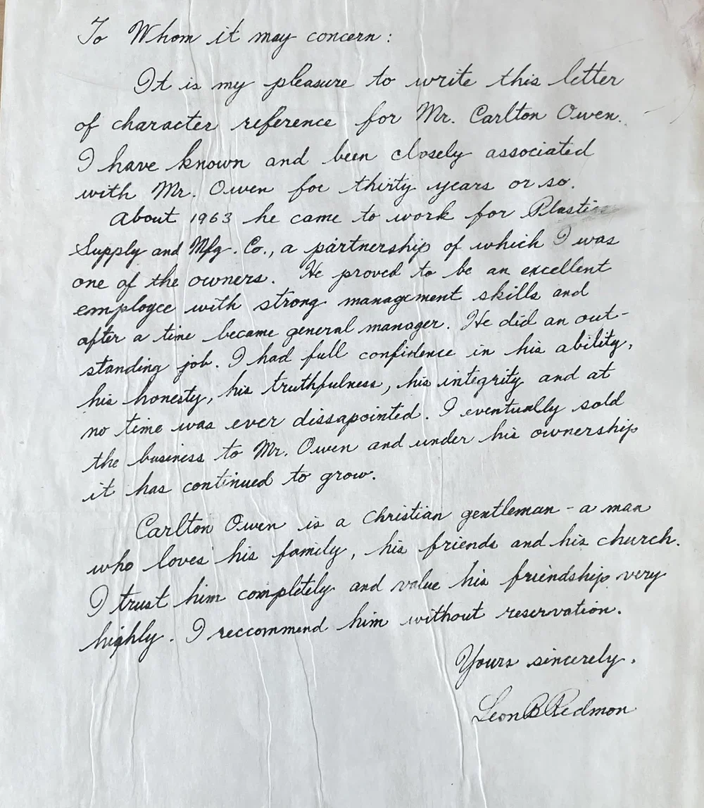 Historic handwritten letter preserved in the Plastic Supply & Mfg family history