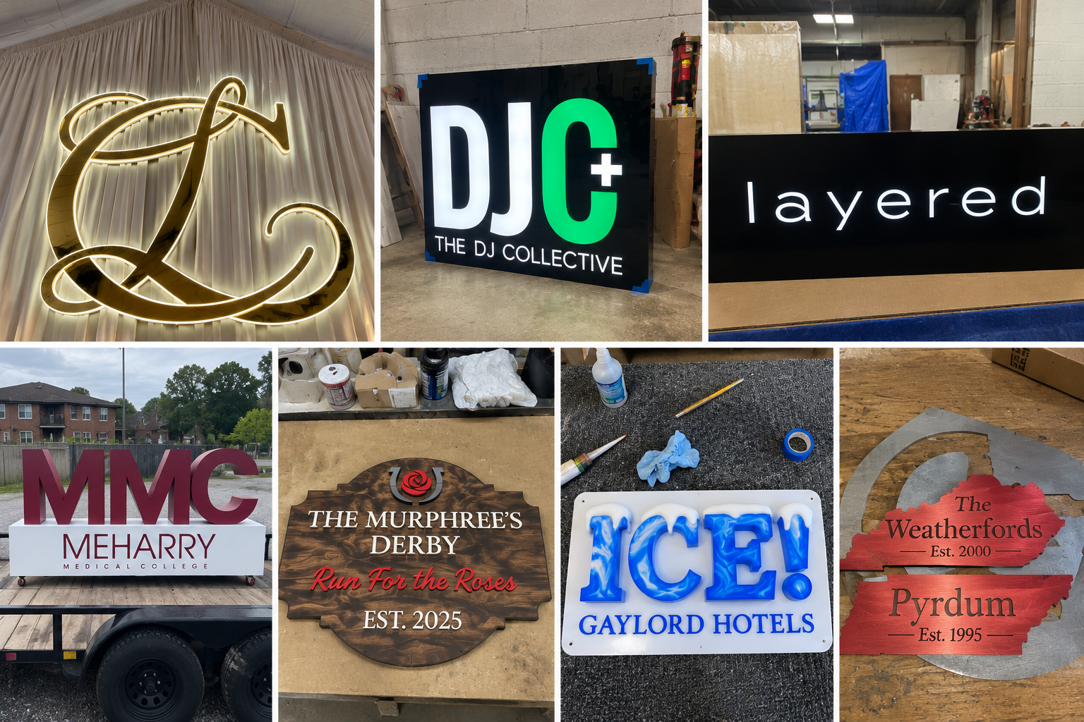 Collage of illuminated lettering, layered signs and engraved wood signs made by Plastic Supply & Manufacturing in Nashville.