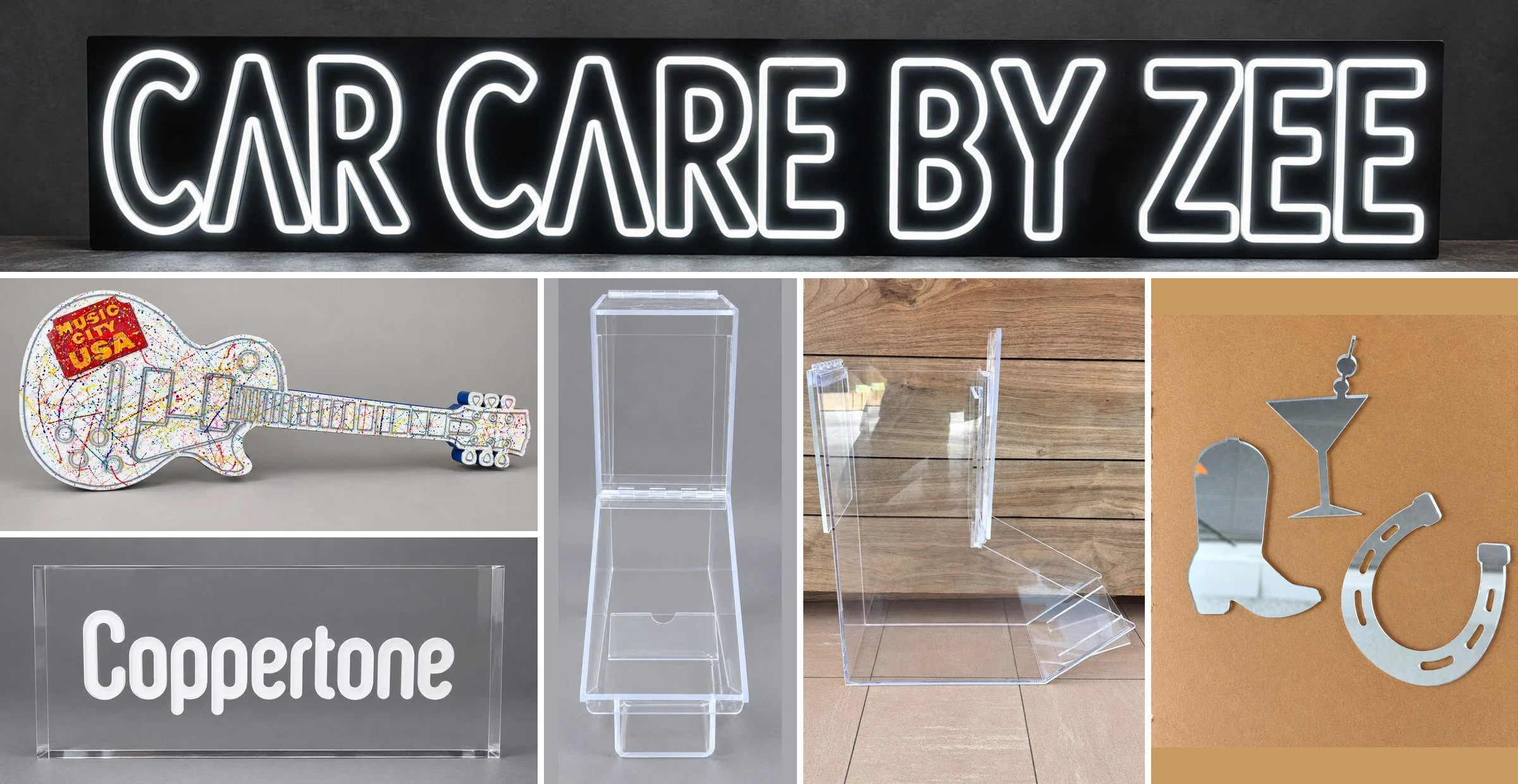 Neon sign that says 'CAR CARE BY ZEE', various acrylic display stands, a decorative guitar shaped sign with 'Music City USA' written on it, a clear acrylic sign with 'Coppertone', and metallic cutouts of a martini glass, horseshoe, and horseshoe-shaped decoration.
