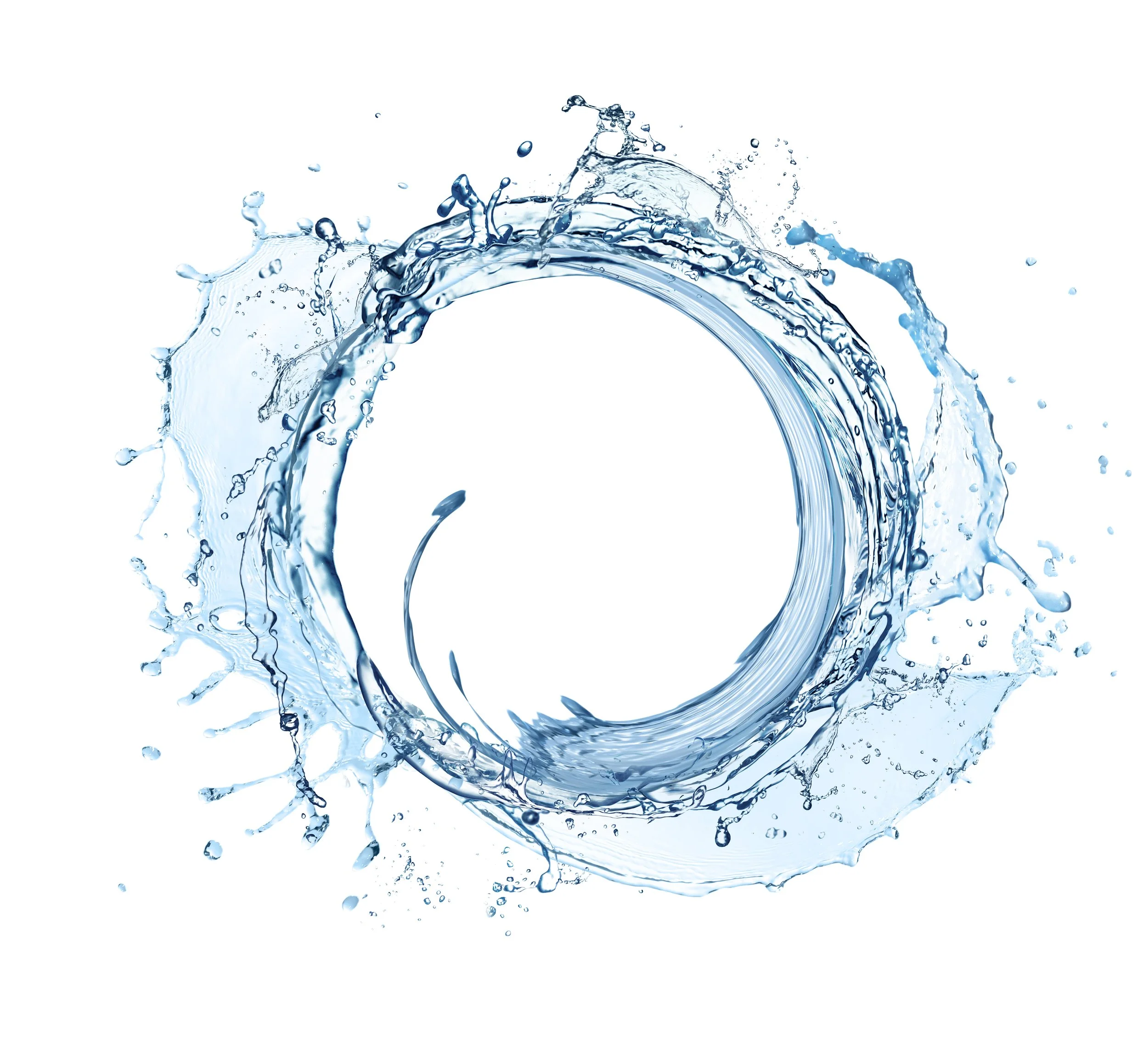 Splash of water forming an arc with droplets flying outward on a white background.