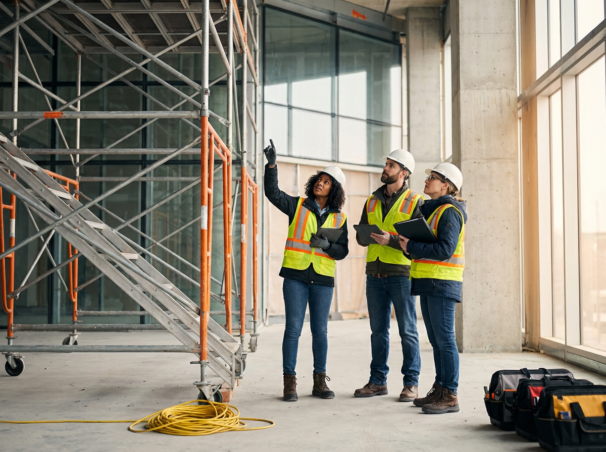 Construction workers inspecting a building site, with scaffolding and tools nearby.