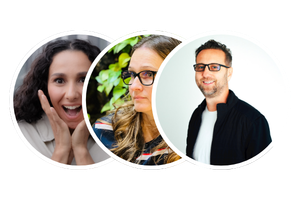 A collage of three people with different expressions and backgrounds.