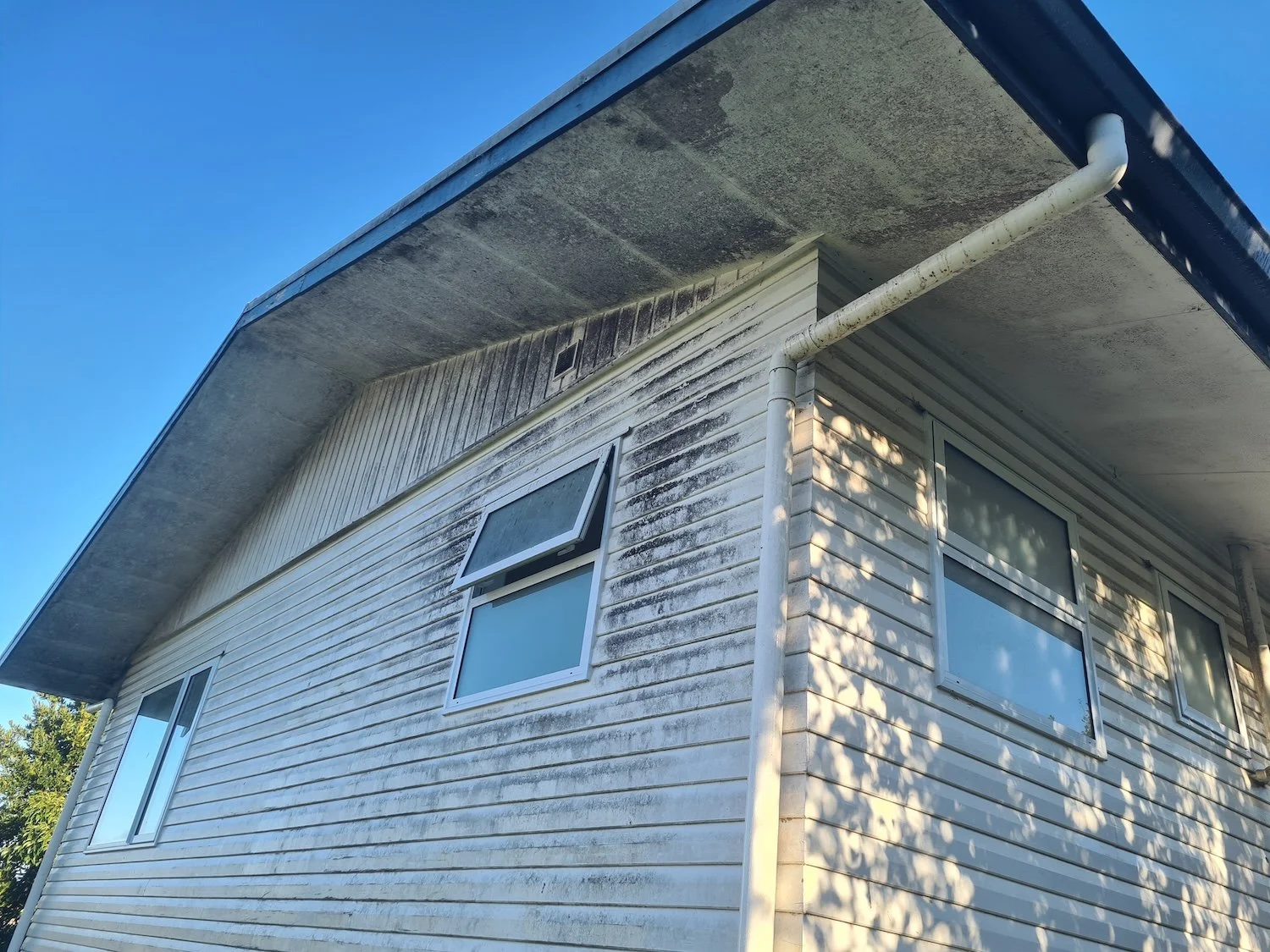 A house with white siding, four windows, some black mold or dirt stains on the siding, a gutter, and a blue sky in the background.