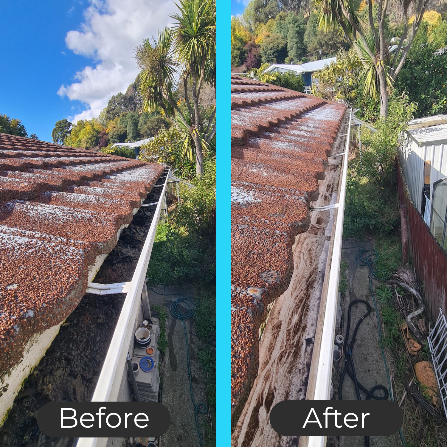 Side-by-side comparison of a house gutter before and after cleaning. The left shows a dirty gutter with accumulated debris and dirt. The right shows the same gutter after being cleaned, with a clear, exposed surface.