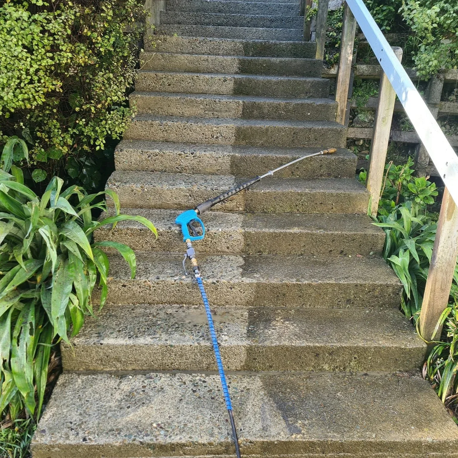 Concrete staircase outdoors with plants on both sides and a pressure washer nozzle resting on one step.