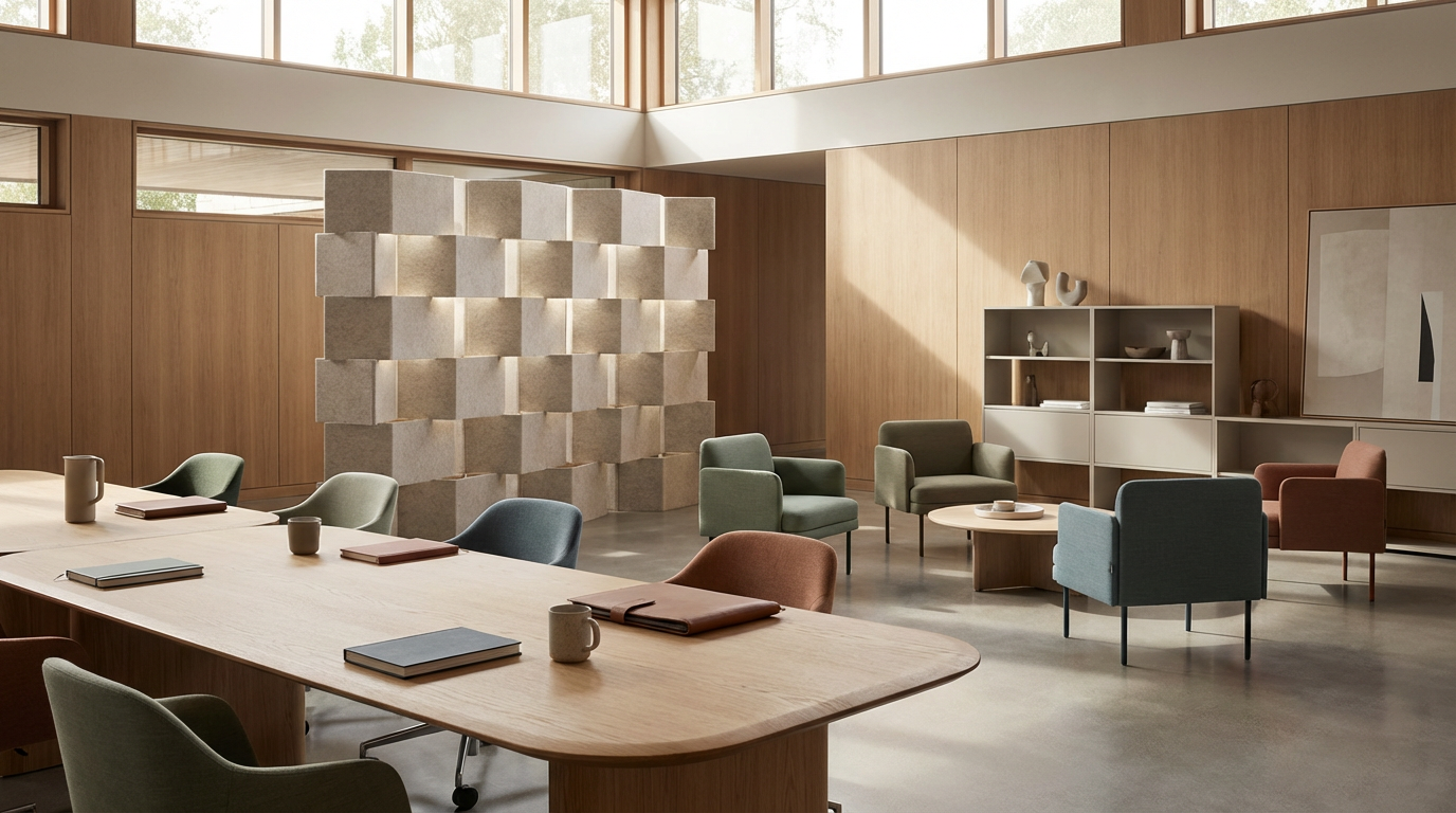 Modern conference room with a long wooden table, colorful chairs, and a marble partition wall, with wooden wall panels and large window lighting.