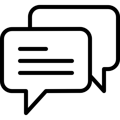 Black and white illustration of two overlapping chat bubbles.