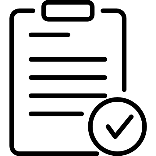 Black and white logo of a clipboard and list.