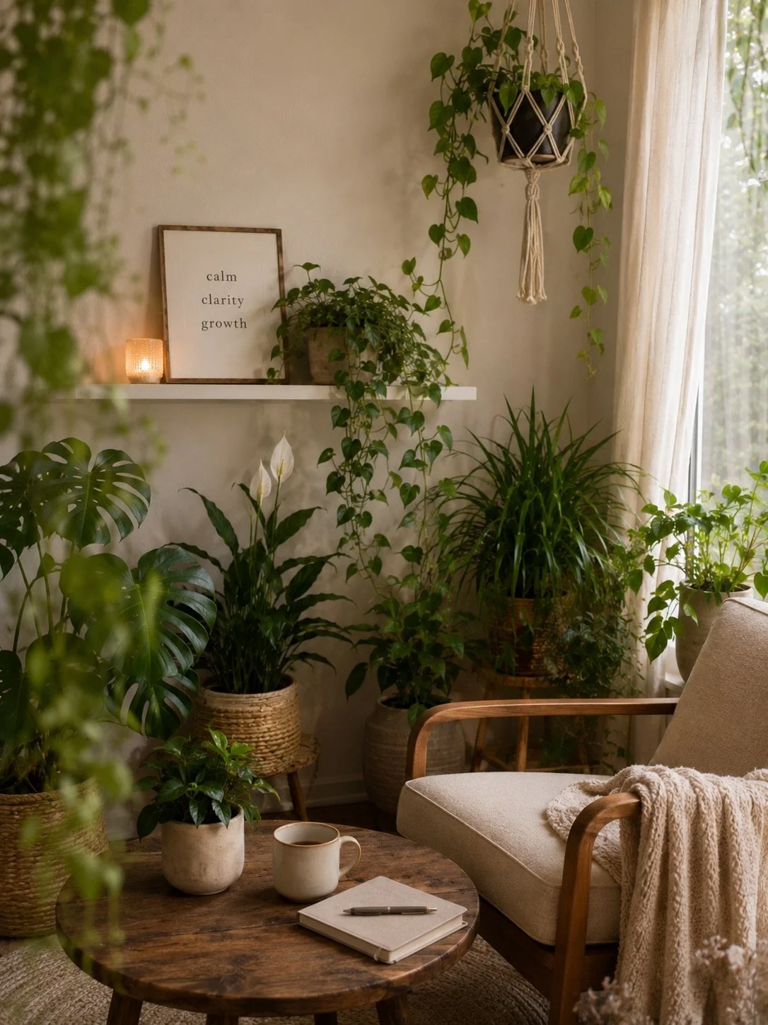 A cozy living space filled with various potted plants on a wooden table and on the floor, with a white armchair draped with a beige blanket, a wooden coffee table with a notebook, pen, and mug, a wall shelf with a framed quote reading 'calm, clarity, growth', and a hanging plant near a window with beige curtains.