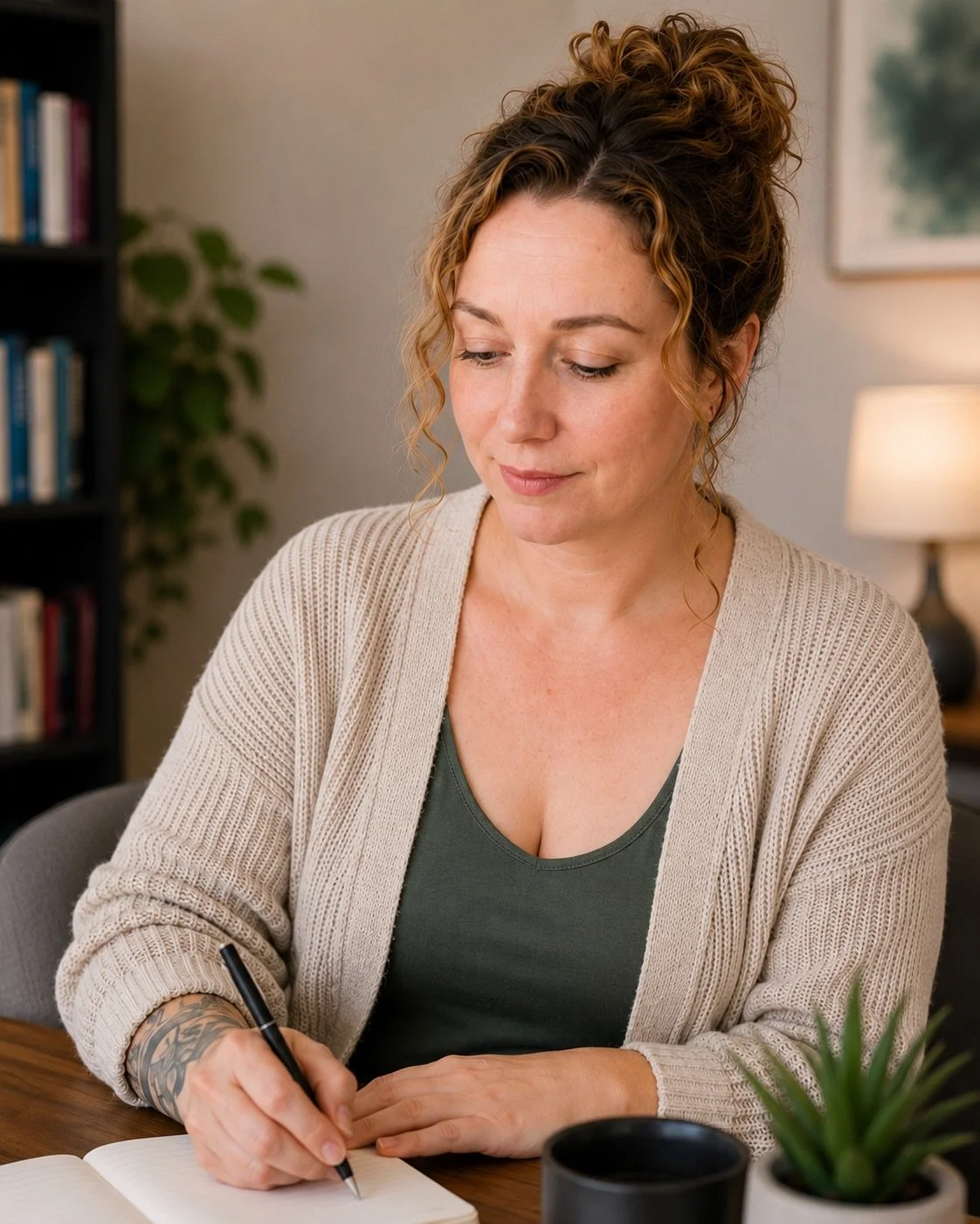 A woman with curly hair and a tattoo on her right arm is sitting at a desk, writing in a notebook with a pen. She is wearing a dark green top and a beige cardigan. The background includes a bookshelf, a potted plant, and a lamp, indicating a cozy home or office setting.