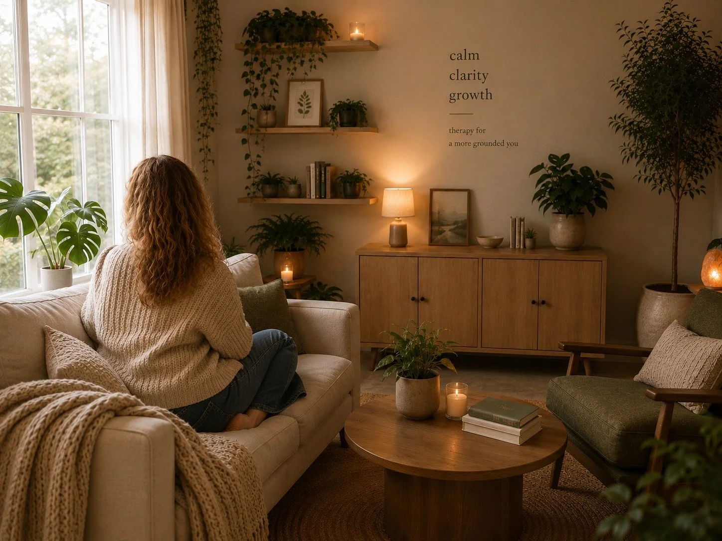 A woman with curly hair, sitting on a beige sofa with a knitted blanket, in a cozy living room decorated with green plants, candles, and artwork, bathed in natural and warm lighting.
