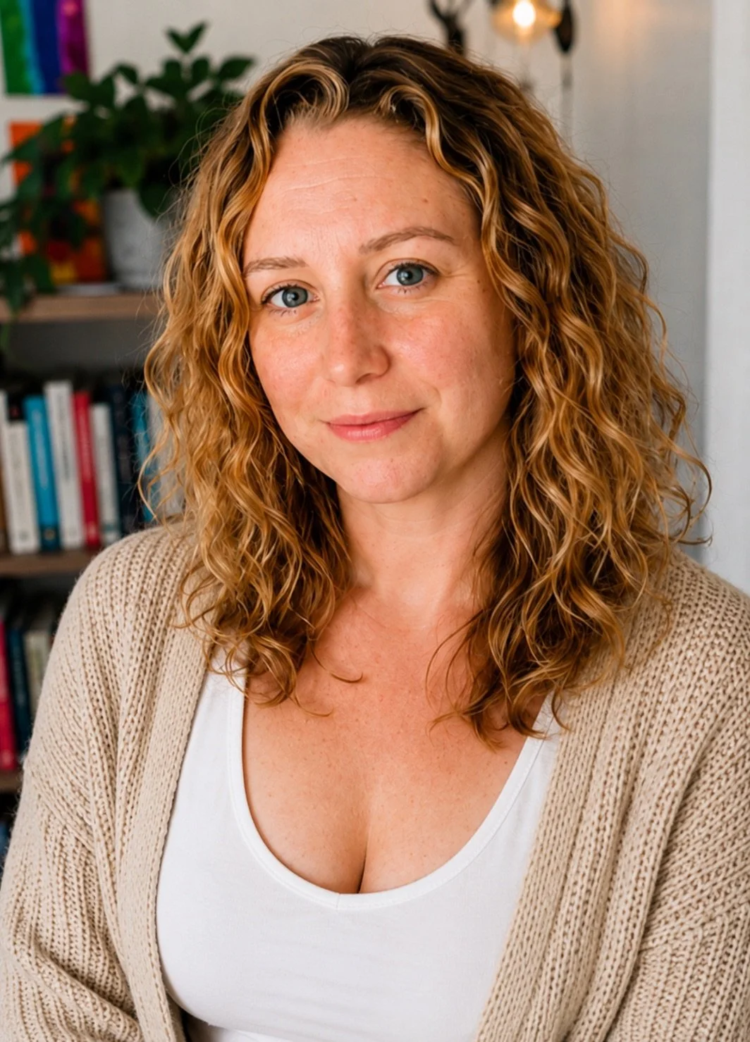 A woman with curly, reddish-brown hair and blue eyes, smiling softly in an indoor setting with books and a plant in the background.