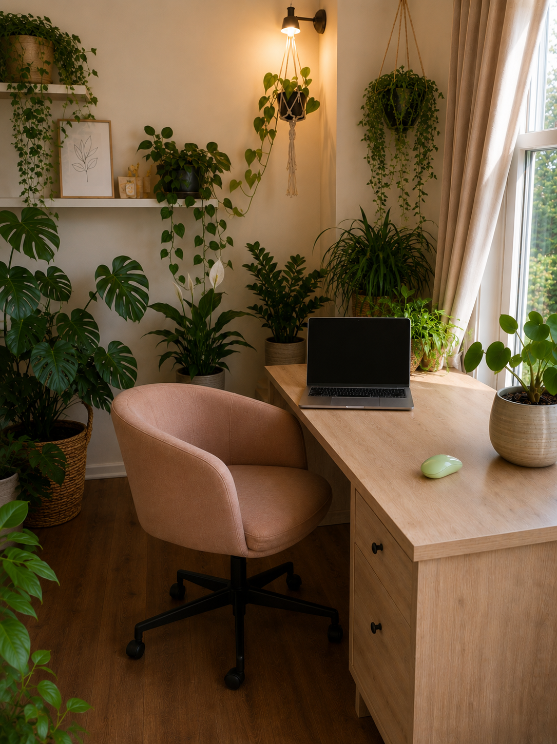 Home office with a wooden desk featuring a laptop and a wireless mouse, a pink comfort chair, and various potted green plants near a window with beige curtains, with warm lighting from a wall sconce.
