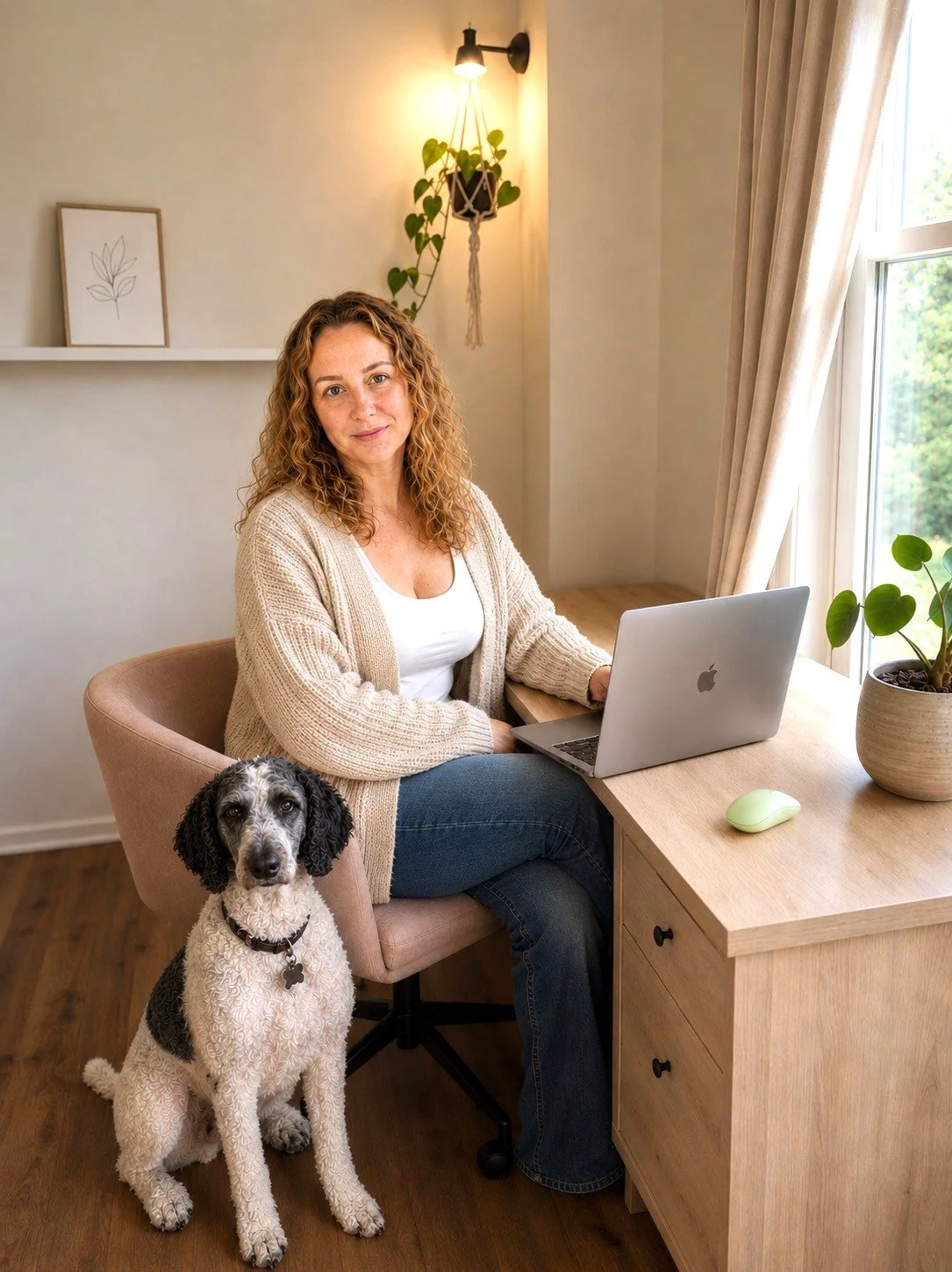 A woman sitting at a wooden desk with a silver laptop, a green mouse, and a potted plant. She is in a cozy room with beige walls, a hanging plant, and a window with beige curtains. A dog with black and white curly fur is sitting on the floor next to her.