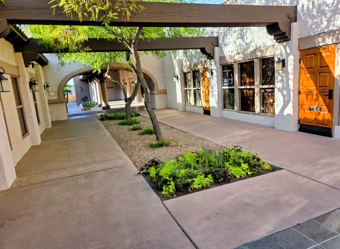 A walkway in a shaded courtyard with trees, plants, and arched columns. The buildings have white stucco walls, black outdoor lighting, and wooden doors and windows. The scene is bright with sunlight and shadow patterns.