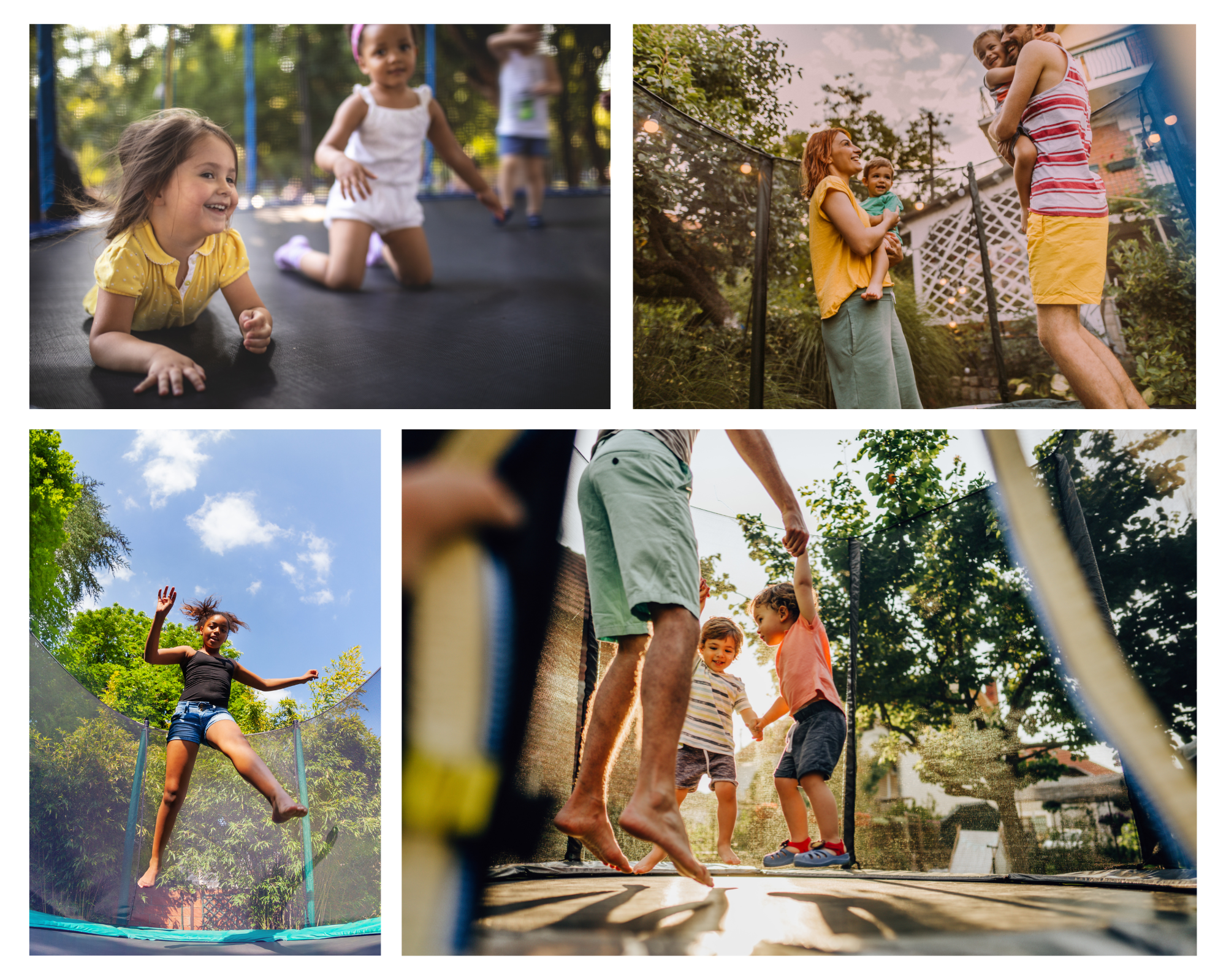 Children playing outdoors on a trampoline, hopping and jumping on a sunny day, with trees and a house in the background.