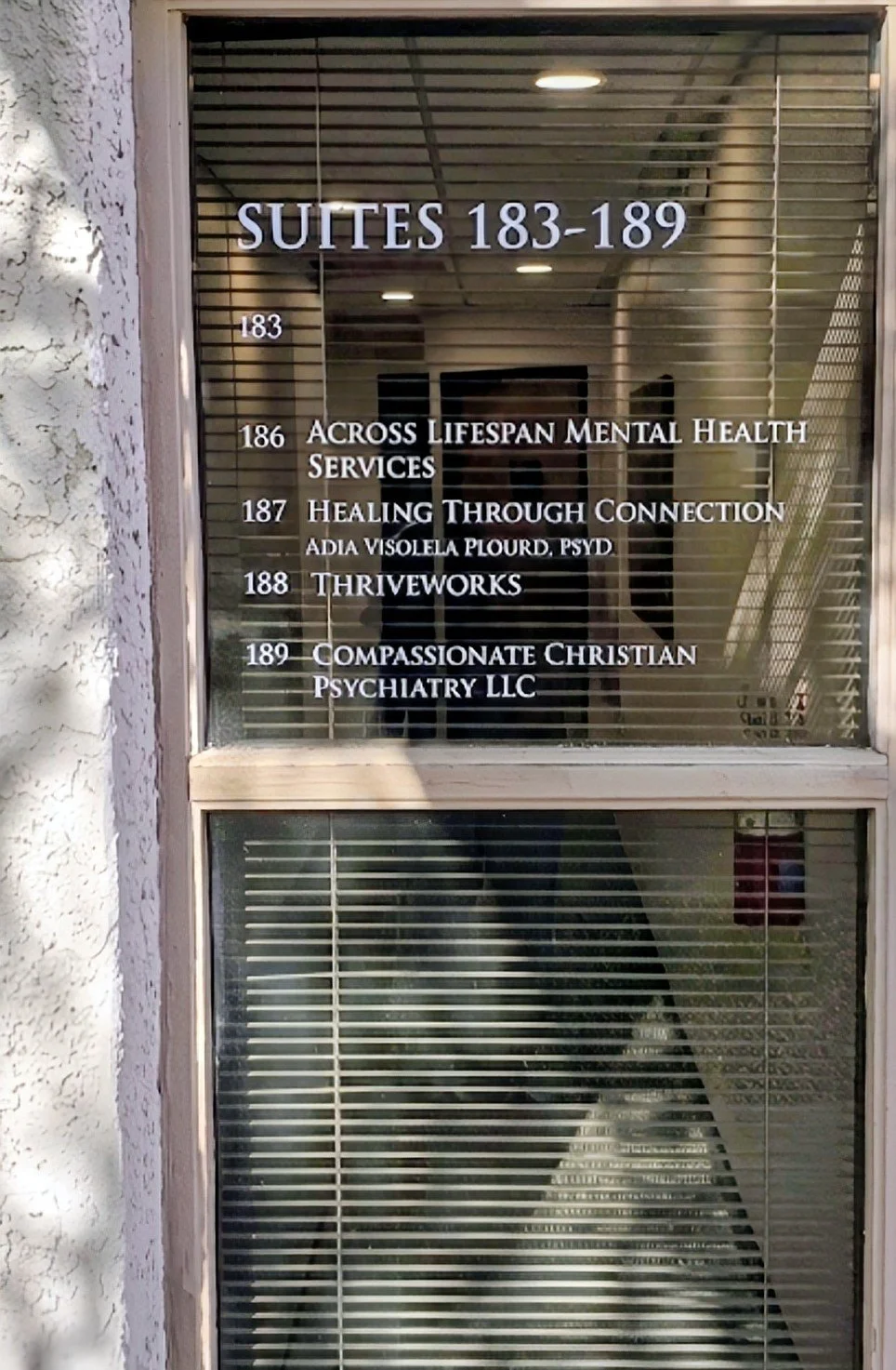 Directory listing for suites 183 to 189 with business names and services, including Across Lifespan Mental Health Services, Healing Through Connection, Thriveworks, and Compassionate Christian Psychiatry LLC.