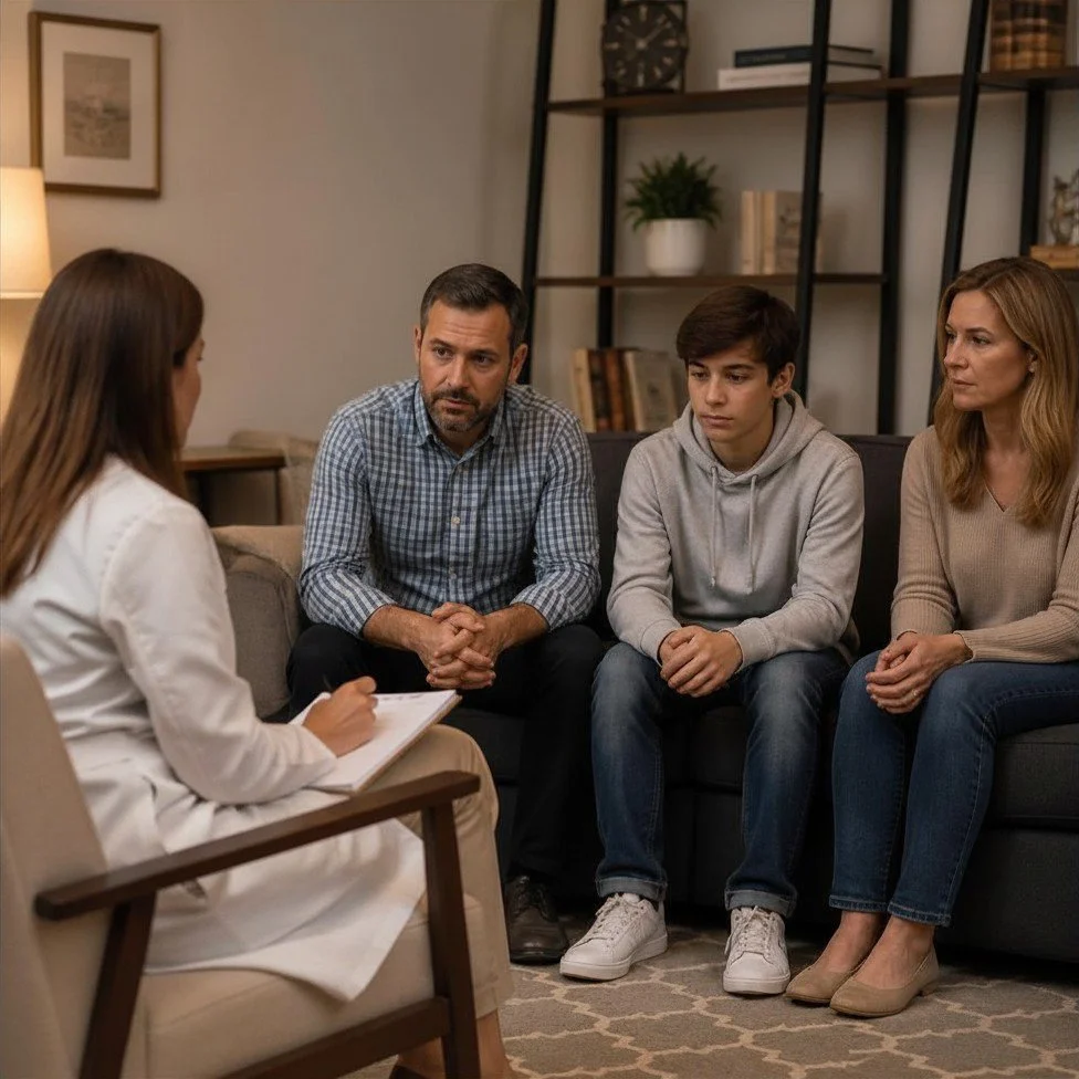 A family of three sitting on a couch during a therapy session with a female therapist, who is taking notes. The family includes a man, a teenage boy, and a woman, all listening attentively.