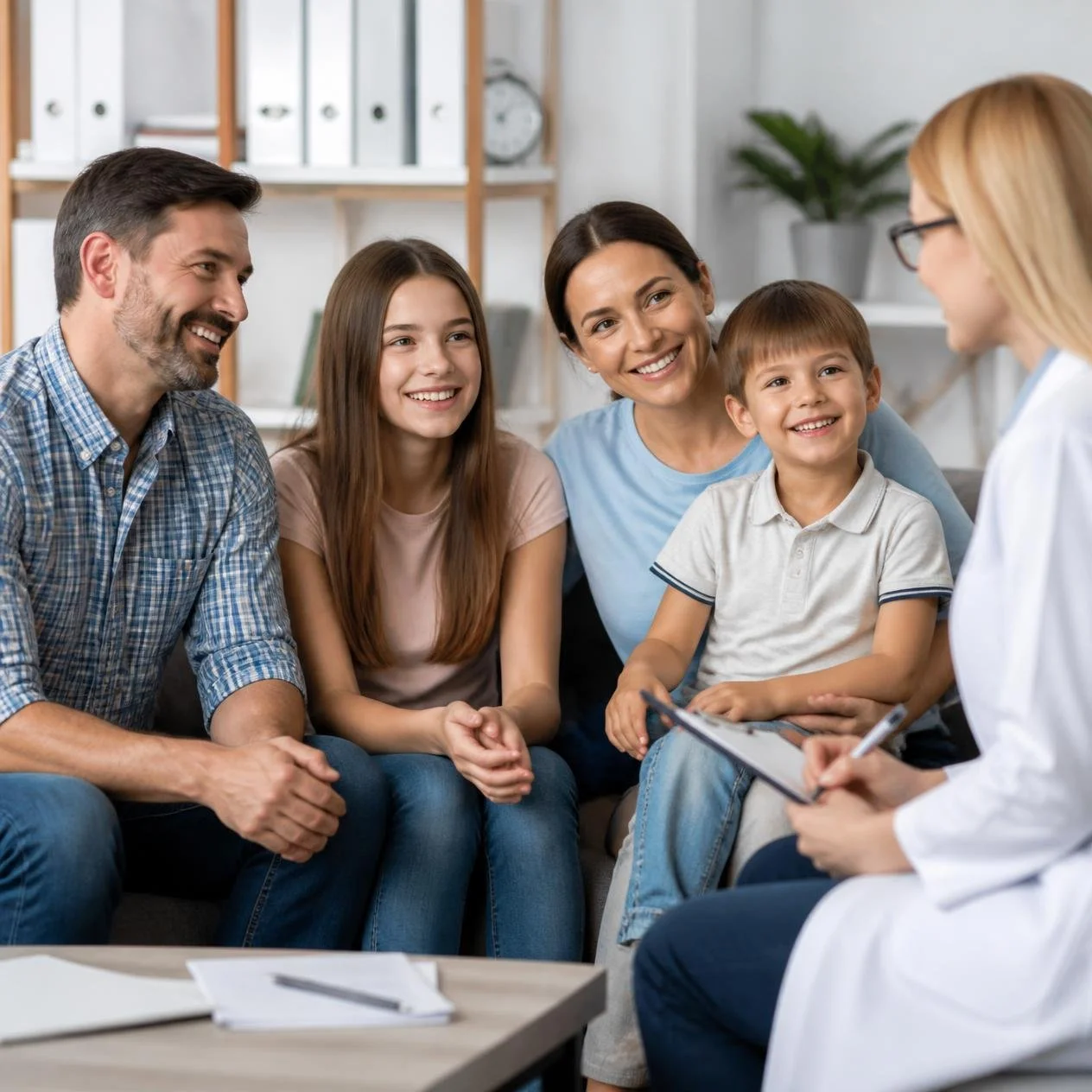 A family of four visiting a doctor for a consultation, sitting on a couch and smiling at the doctor holding a clipboard in an office setting.