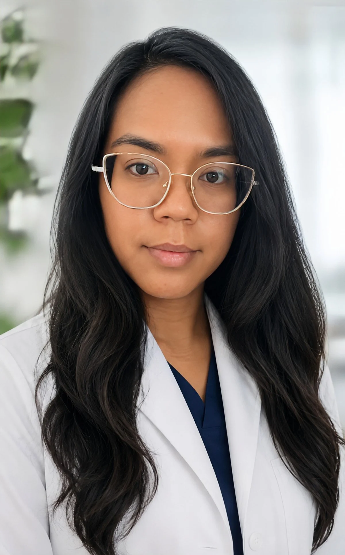 A young woman with long black hair, wearing glasses and a white medical coat, standing indoors with a blurred background.